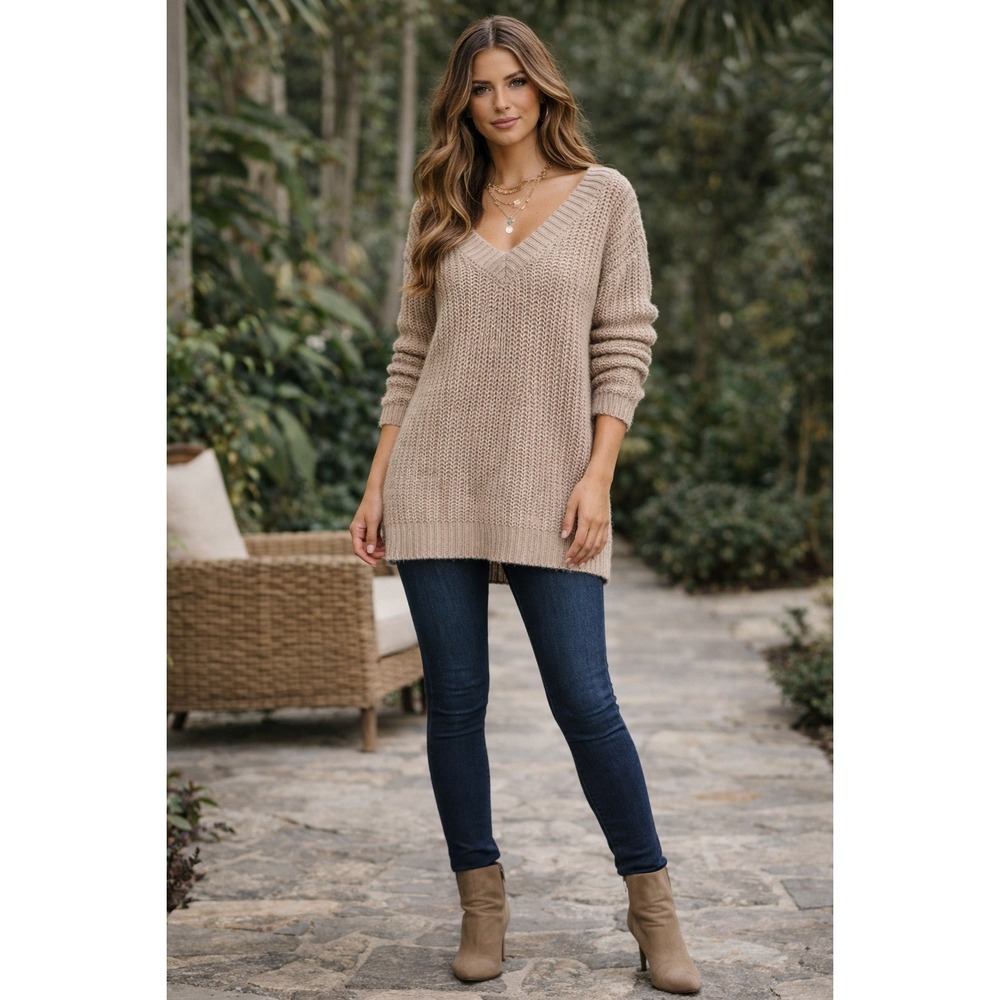 Chunky Cable Knit Sweater Womens XS Beige Chunky Lounge Comfy Oversized Slouchy